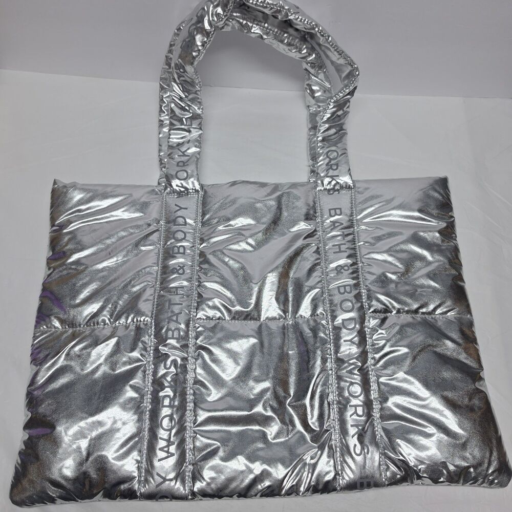 NWT Bath & Body Works Silver Metallic Puffer Tote Bag